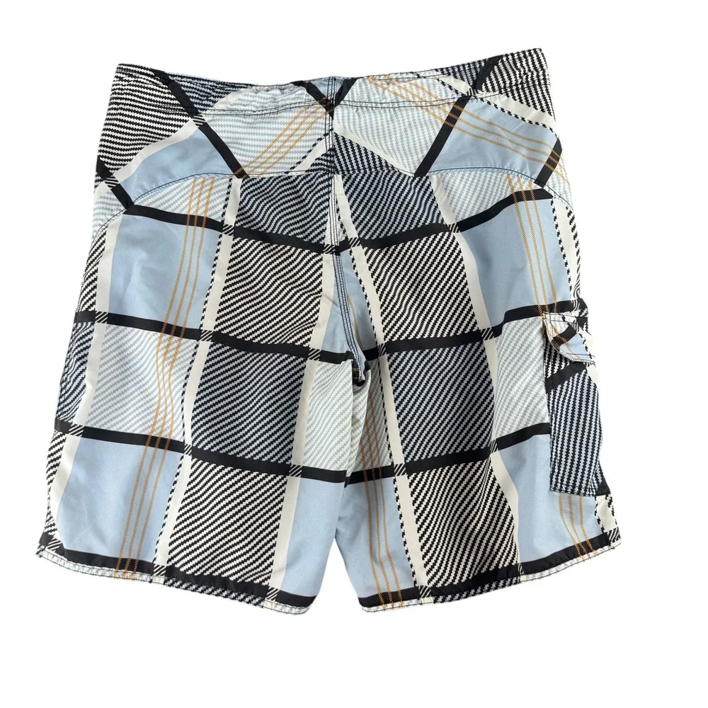 Joe Boxer Mens Blue Black Plaid Board Shorts Swim Trunks Cargo Pocket Size Large